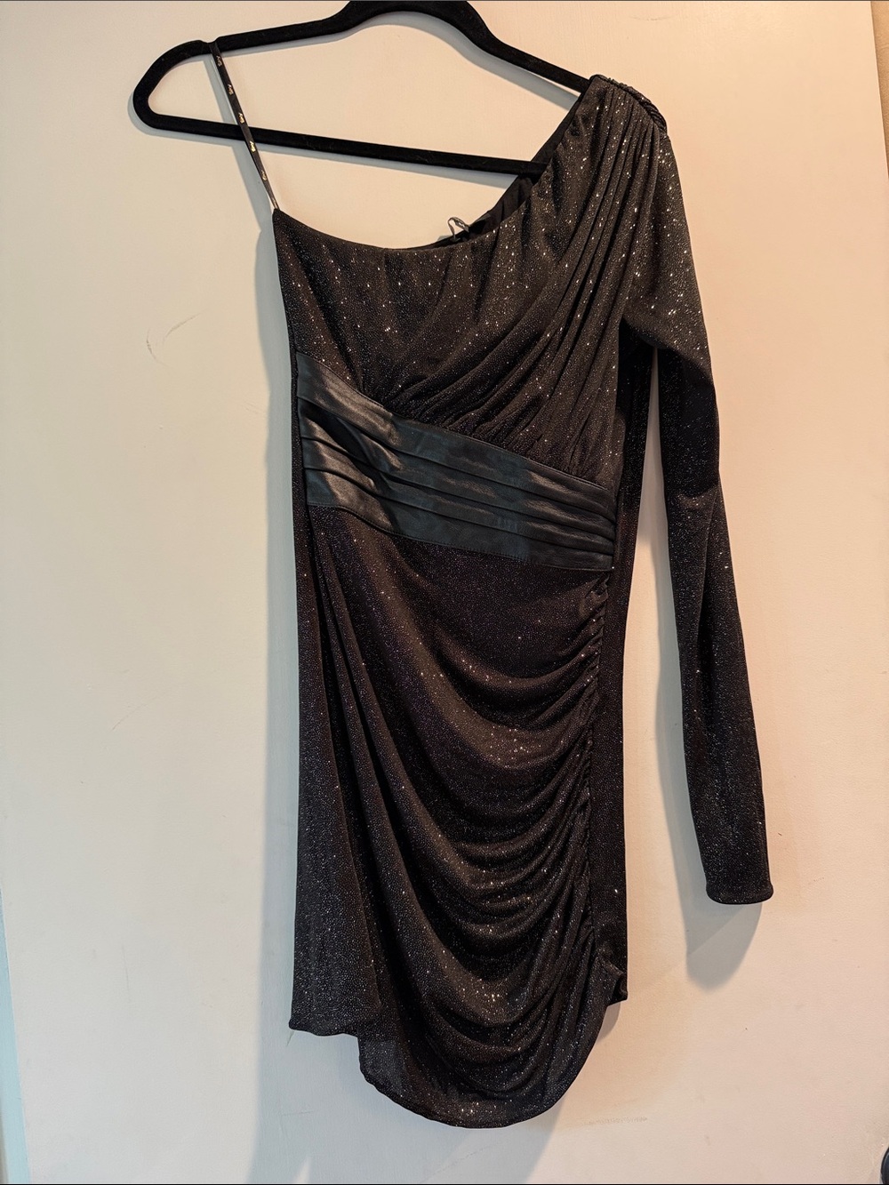 Sky One-Shoulder Black Sparkle Draped Dress